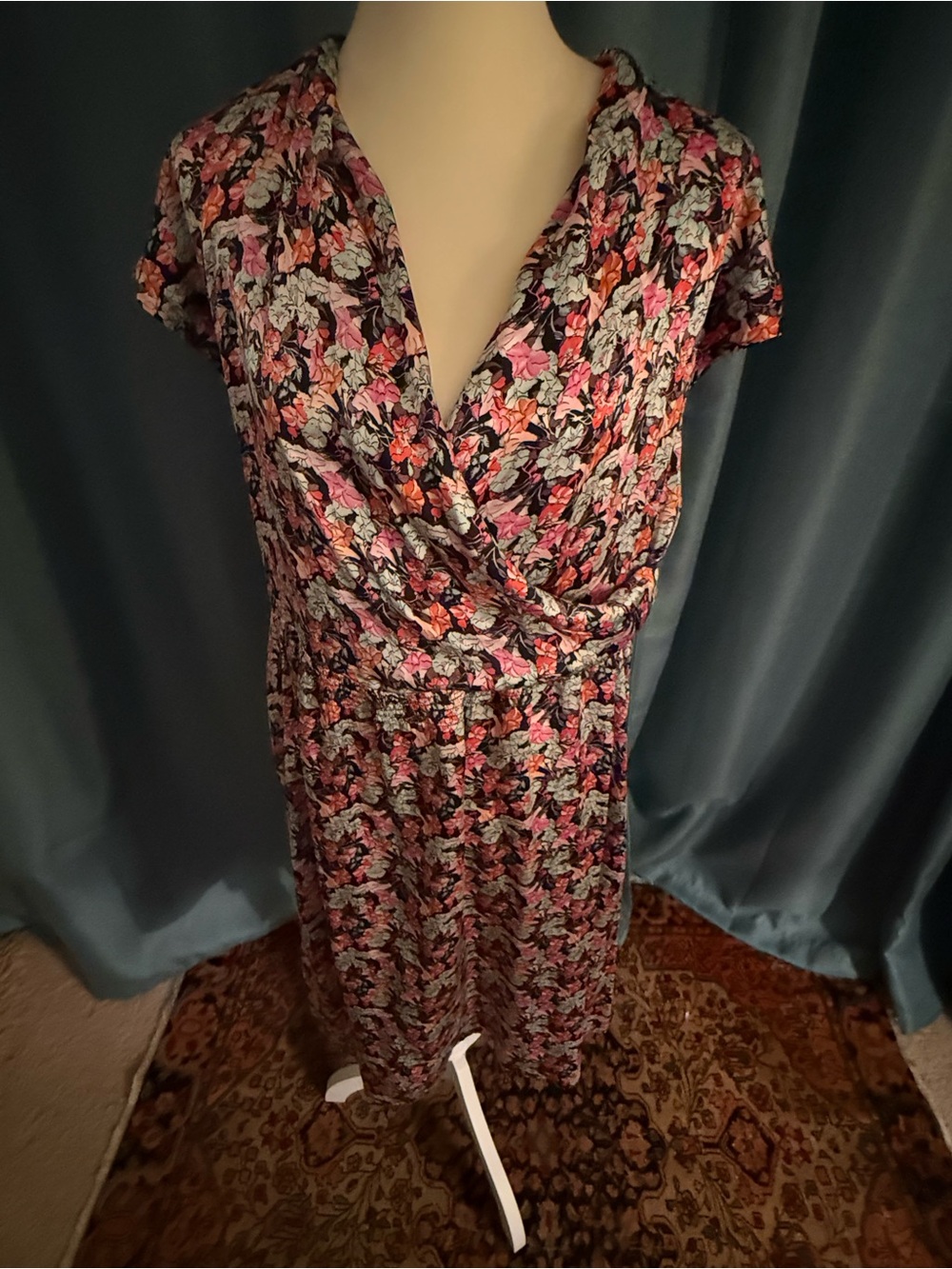 Tucker Black and Pink Silk Floral Midi Wrap Dress